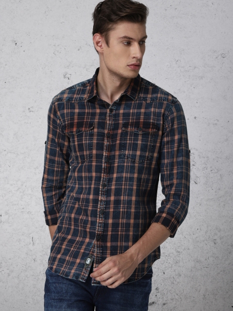 

Ecko Unltd Men Navy Blue & Pink Slim Fit Checked Casual Shirt