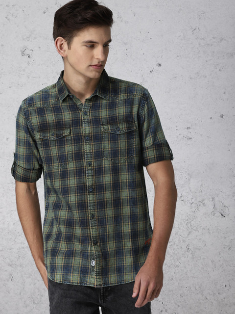 

Ecko Unltd Men Navy Blue & Olive Green Slim Fit Checked Casual Shirt