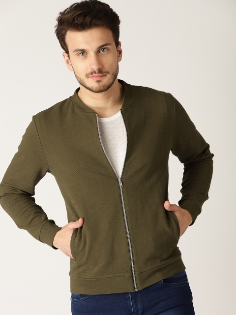 

United Colors of Benetton Men Olive Green Self-Striped Sweatshirt