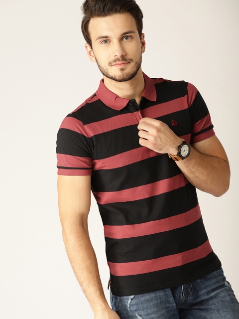 

United Colors of Benetton Men Black & Rust Red Striped Polo Collar T-shirt