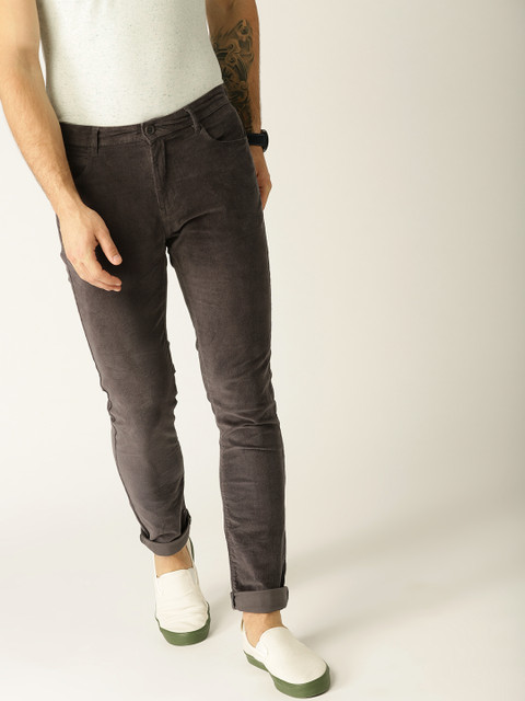 

United Colors of Benetton Men Charcoal Grey Slim Fit Solid Corduroy Trousers