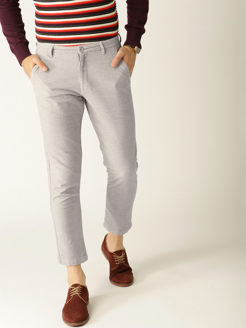 

United Colors of Benetton Men Grey Melange Regular Fit Cropped Regular Trousers