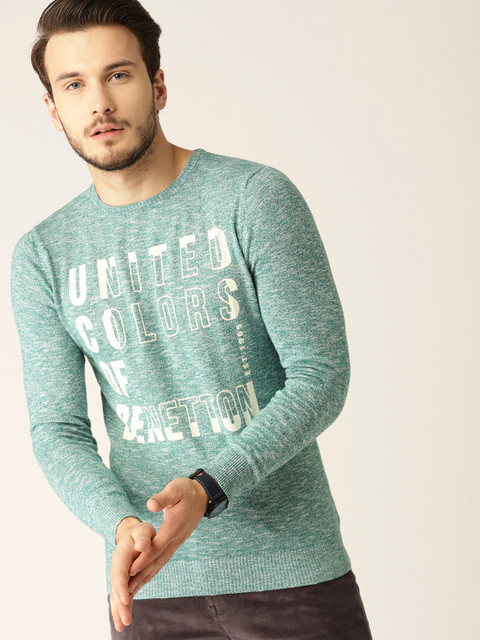 

United Colors of Benetton Men Green & Off-White Self-Design Pullover