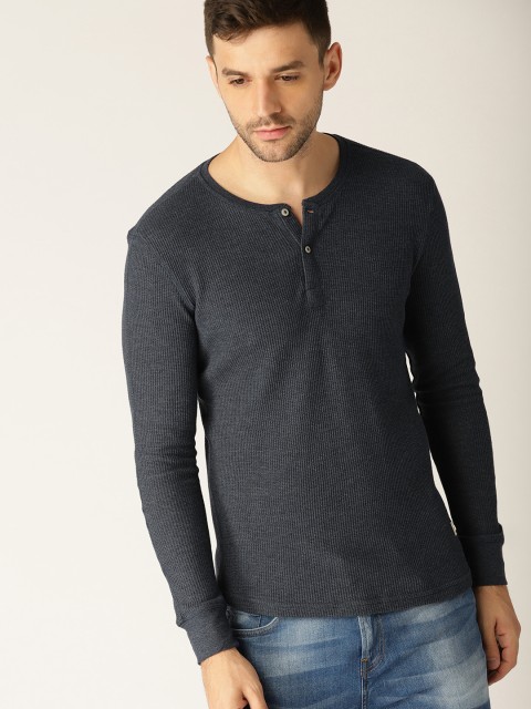 

United Colors of Benetton Men Navy Self-Design Henley Neck T-shirt, Navy blue