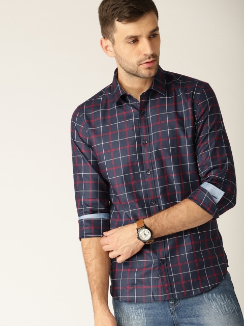 

United Colors of Benetton Men Navy & Red Slim Fit Checked Casual Shirt, Navy blue