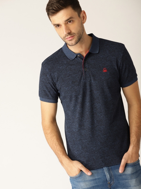 

United Colors of Benetton Men Navy Blue & Black Printed Polo Collar T-shirt