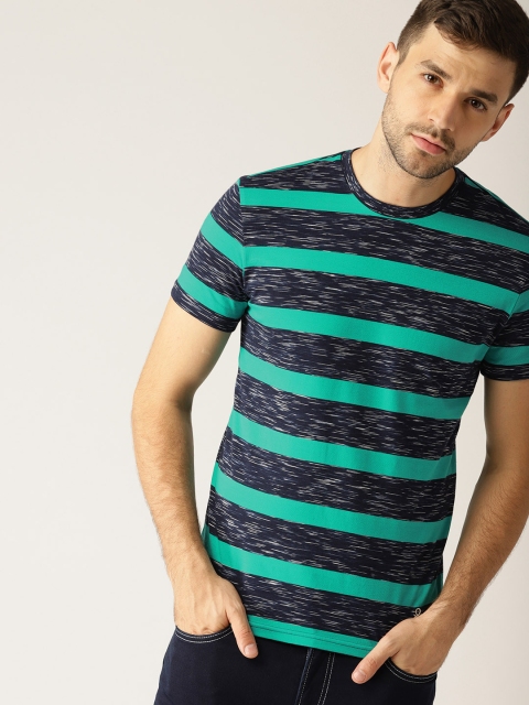 

United Colors of Benetton Men Navy & Sea Green Striped Round Neck T-shirt, Navy blue