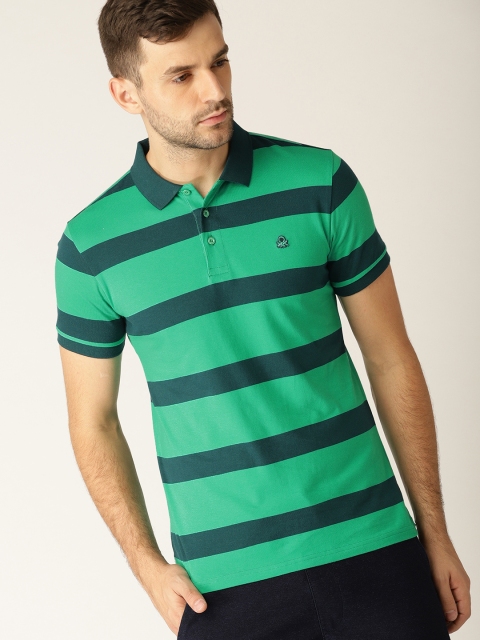 

United Colors of Benetton Men Green Striped Polo Collar T-shirt