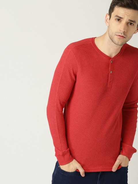 

United Colors of Benetton Men Red Solid Henley Neck T-shirt