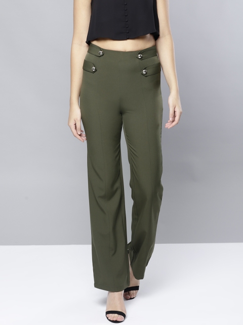 

Harpa Women Olive Green Regular Fit Solid Parallel Trousers