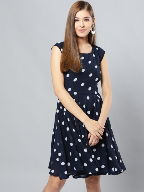 

Harpa Women Navy Blue & Off-White Printed Fit and Flare Dress