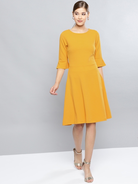 

Harpa Women Mustard Yellow Solid Fit and Flare Dress