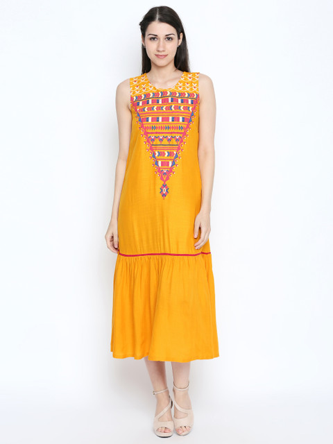 

AKKRITI BY PANTALOONS Women Mustard Printed A-Line Dress