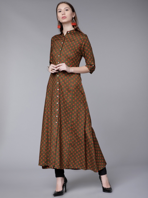 

Vishudh Women Olive Green Printed A-Line Kurta