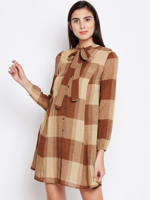 

Oxolloxo Women Brown & Beige Checked Shirt Dress