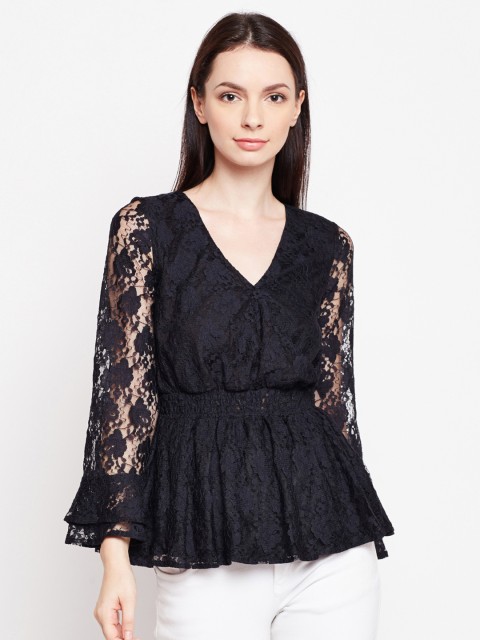 

Oxolloxo Women Black Self Design Cinched Waist Top