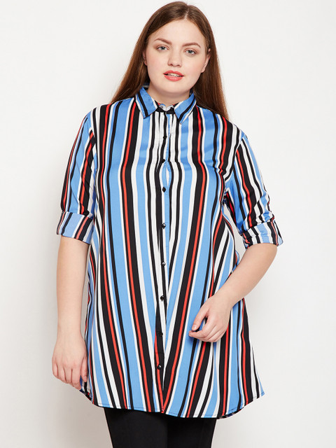

Oxolloxo Women Multicoloured Regular Fit Striped Longline Casual Shirt, Multi