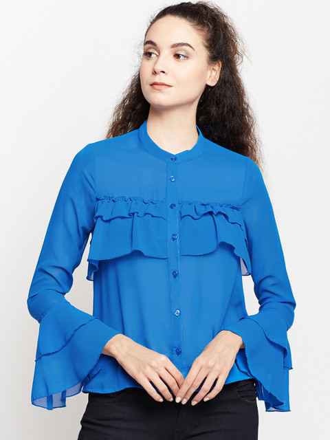 

Oxolloxo Women Blue Ruffled Regular Fit Solid Casual Shirt