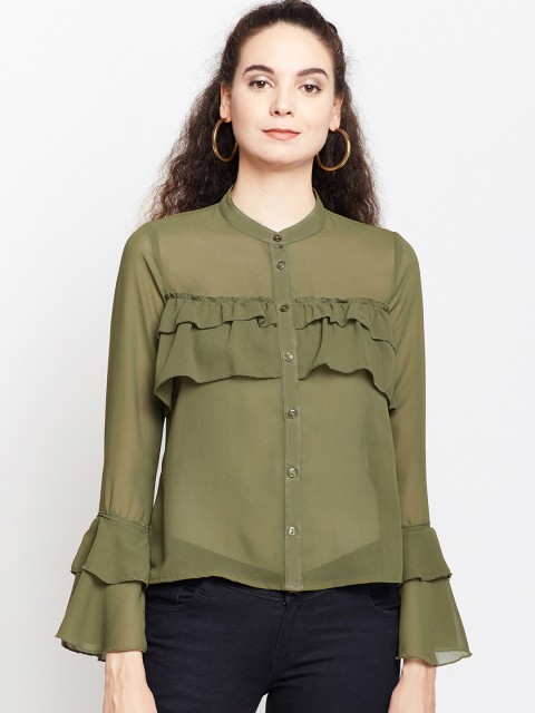 

Oxolloxo Women Olive Green Ruffled Regular Fit Solid Casual Shirt