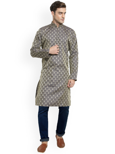 

Jompers Men Navy Blue Woven Design Straight Kurta