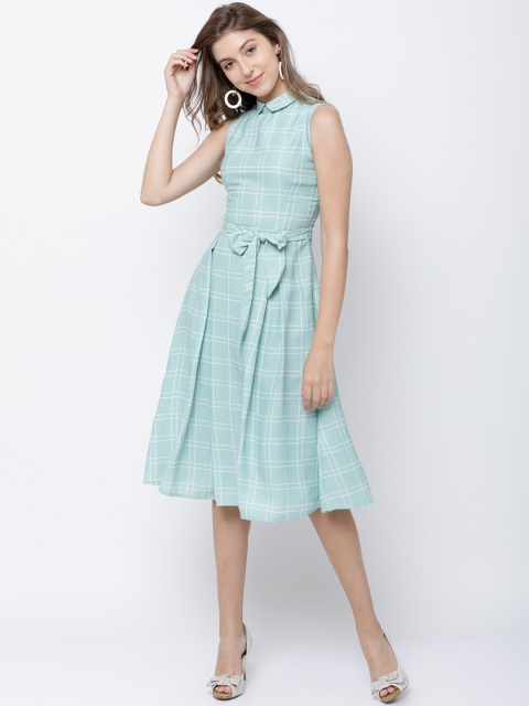 

Tokyo Talkies Women Turquoise Blue Checked Fit and Flare Dress