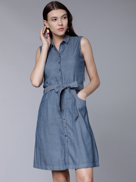 

Tokyo Talkies Women Blue Solid Shirt Dress