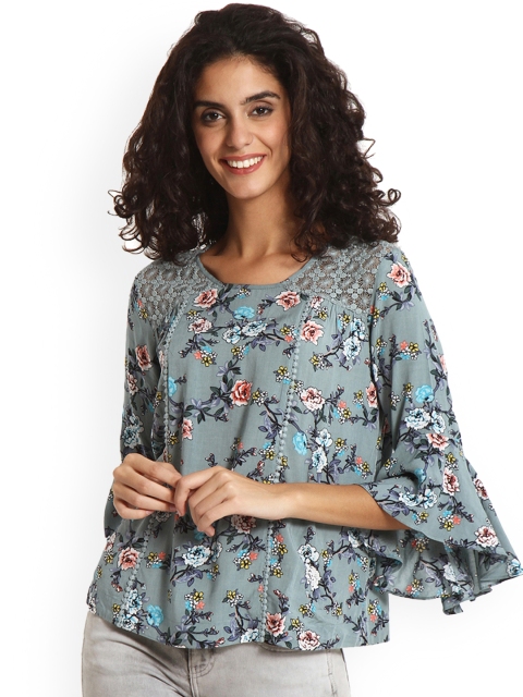 

Gipsy Women Grey Floral Print Top with Lace Detail
