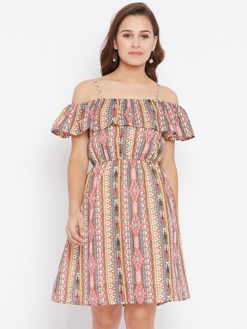 

AASK Women Beige Printed Fit and Flare Dress