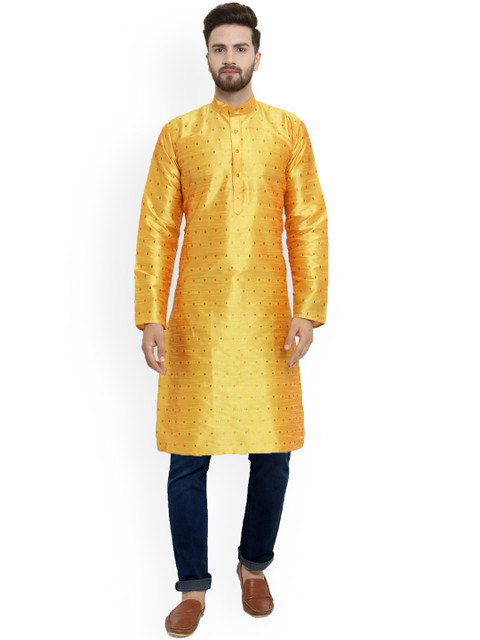 

Jompers Men Yellow Woven Design Straight Kurta