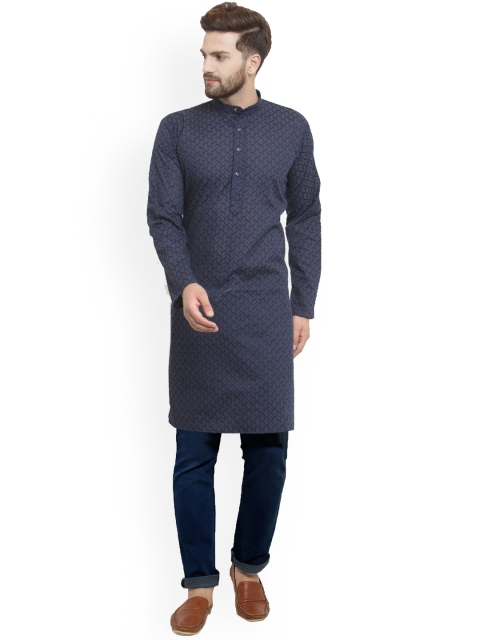 

Jompers Men Navy Blue Embroidered Straight Kurta