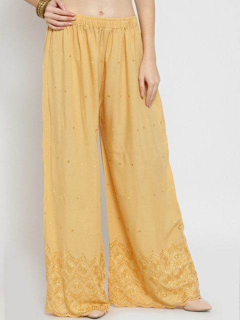 

Castle Women Beige Chikankari Embroidered Flared Palazzos