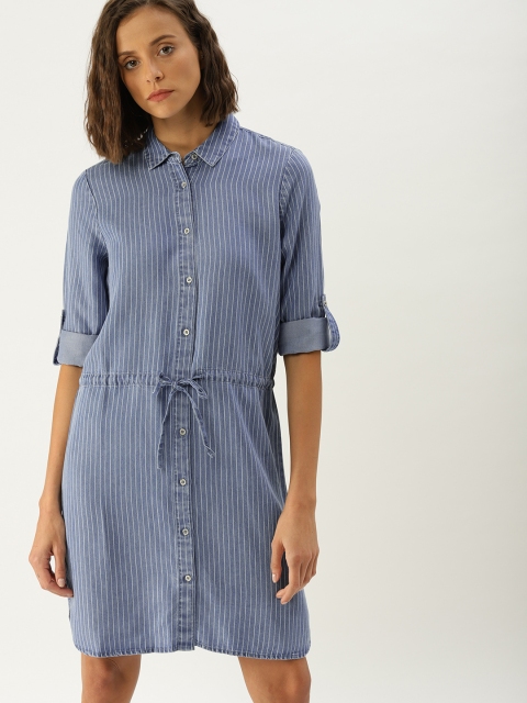 

United Colors of Benetton Women Blue & White Striped Chambray Shirt Dress