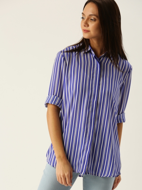 

United Colors of Benetton Women Blue & White Regular Fit Striped Casual Shirt