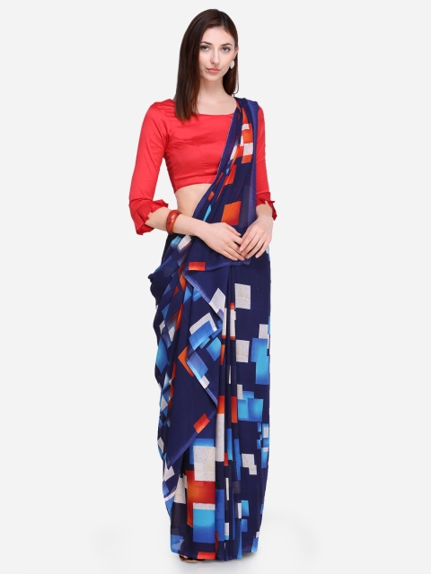 

Ligalz Navy Blue & Orange Printed Saree