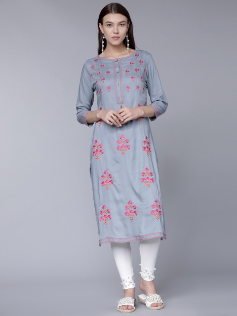 

Vishudh Women Grey & Pink Embroidered Straight Kurta