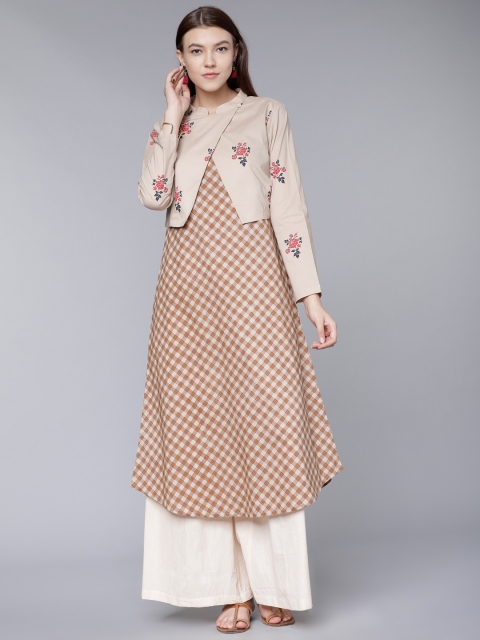

Vishudh Women Beige & Brown Checked A-Line Kurta