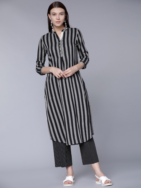 

Vishudh Women Grey & Black Striped Straight Kurta