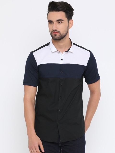 

WITH Men Black & White Slim Fit Colourblocked Casual Shirt