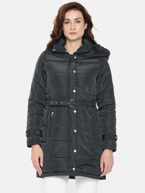 

Elle Women Navy Blue Solid Detachable Hooded Trench Coat