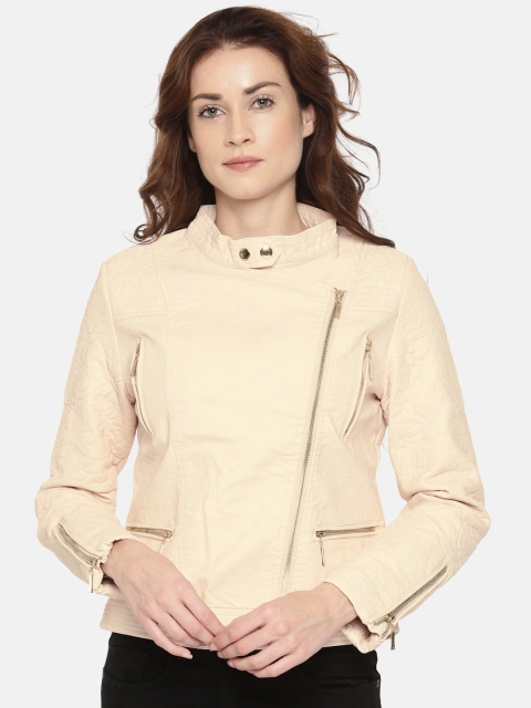 

Elle Women Peach-Coloured Solid Biker Jacket