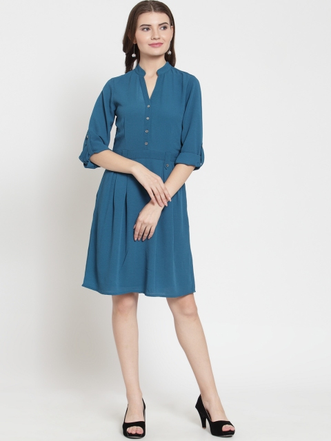 

Latin Quarters Women Teal Solid Fit and Flare Dress