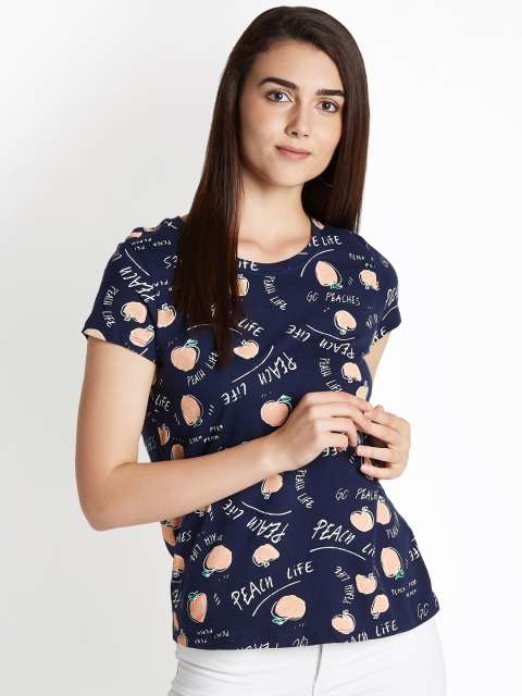 

Honey by Pantaloons Women Navy Blue Printed Pure Cotton Top