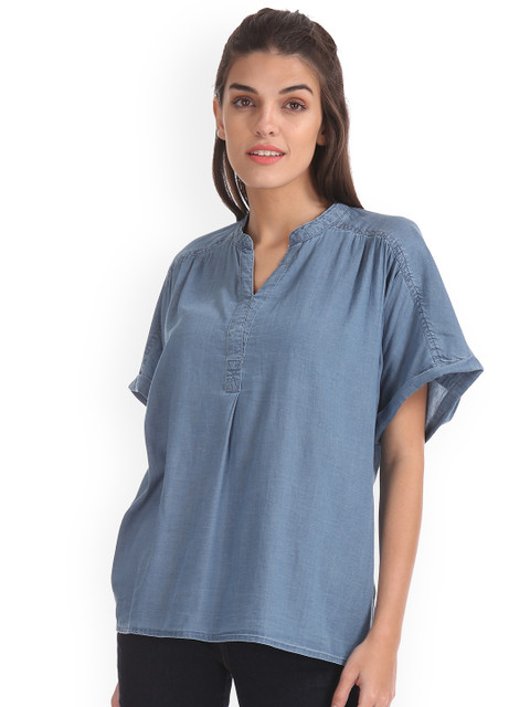 

U.S. Polo Assn. Women Blue Solid Boxy Pure Cotton Top