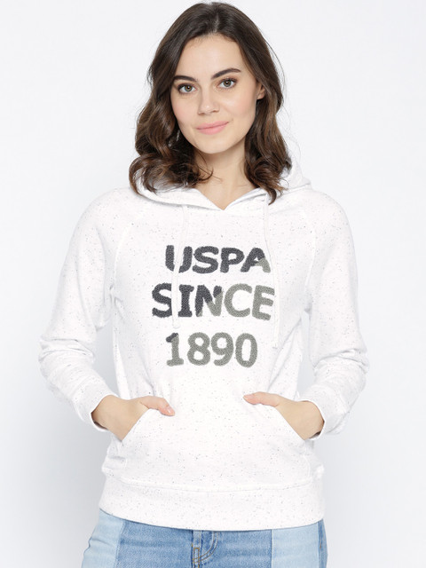 

U.S. Polo Assn. Women Off-White Self Design Hooded Sweatshirt
