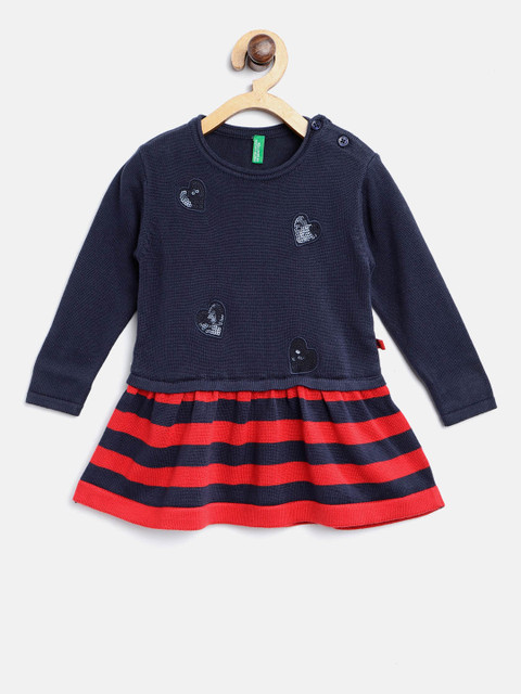

United Colors of Benetton Girls Navy Blue & Red Striped Drop-Waist Dress