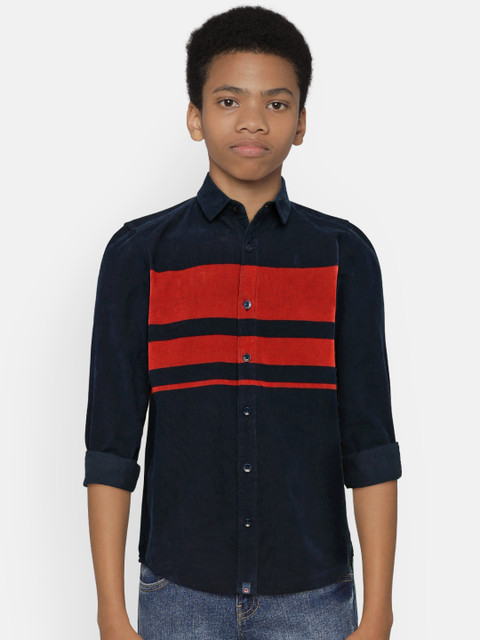 

United Colors of Benetton Boys Navy Blue & Red Regular Fit Striped Corduroy Shirt