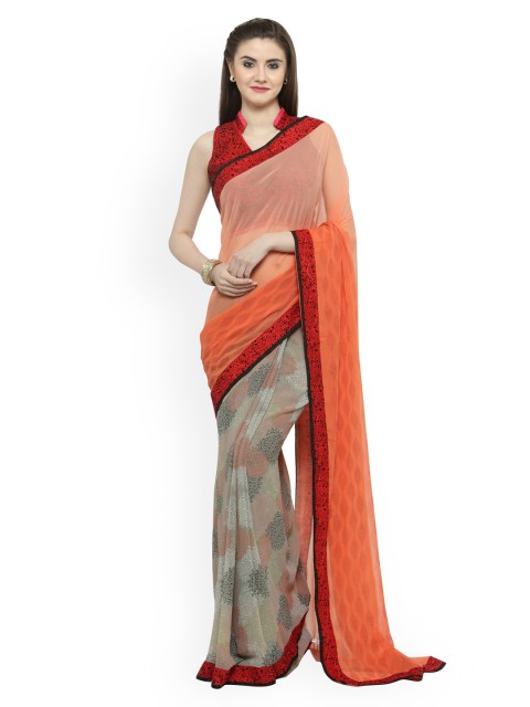 

Shaily Peach-Coloured & Red Pure Georgette Printed Saree