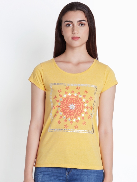 

Ajile by Pantaloons Women Yellow Printed Round Neck T-shirt