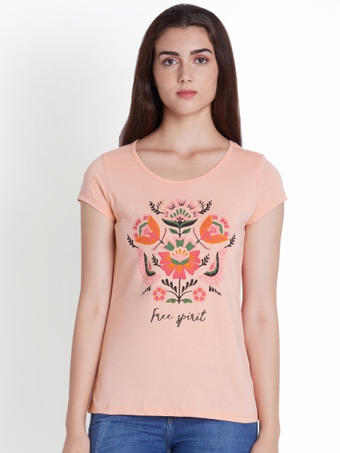 

Ajile by Pantaloons Women Peach-Coloured Printed Round Neck T-shirt