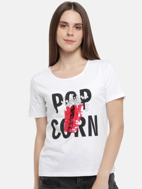 

SF JEANS by Pantaloons Women White & Black Printed Round Neck T-shirt